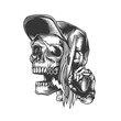 Original monochrome vector illustration in vintage style. A skull with long hair, a baseball cap, sparks from his eyes, and a gun in his hand.
