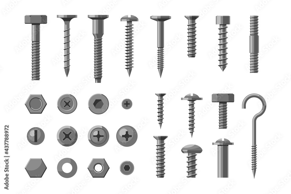 Metallic technical bolt and screw hardware, construct supply. Set of different chrome nail, stainless stud and metal rivet workshop equipment vector illustration isolated on white background - obrazy, fototapety, plakaty 