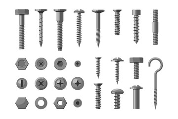 Metallic technical bolt and screw hardware, construct supply. Set of different chrome nail, stainless stud and metal rivet workshop equipment vector illustration isolated on white background