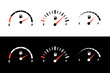 Fuel indicator, meter gauge display for level control. Different version of dashboard petrol, diesel or gas volume reminder with arrow pointer vector illustration isolated on black white background