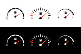 Fototapeta  - Fuel indicator, meter gauge display for level control. Different version of dashboard petrol, diesel or gas volume reminder with arrow pointer vector illustration isolated on black white background
