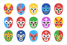 Colorful Lucha Libre Mask For Wrestling Show Isolated Set. Mexican For Traditional Fight Game, Extreme Sport Fighter Disguise Design Vector Illustration Isolated On White Background