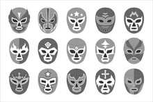 Black-and-white Lucha Libre Mask For Wrestling Fight Show. Set Of Latino Traditional Extreme Sport Game Costume For Luchador Fighter Vector Illustration Isolated On White Background