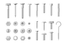 Metal Fastener, Stainless Steel Bolt, Brass And Screw Set. Silver, Chrome Or Titanium Rivet And Washer Hardware Tool For Fixation And Repairing Vector Illustration Isolated On White Background