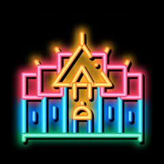 Poster - Traditional Thai Building neon light sign vector. Glowing bright icon Old Architecture Thailand Building, Historic National Construction sign. transparent symbol illustration