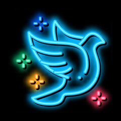 Poster - Flying Pigeon Bird Sparkling neon light sign vector. Glowing bright icon Fly Dove Bird Silhouette With Glistering Stars, Peace Symbol sign. transparent symbol illustration