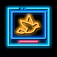 Poster - Bird On Computer Screen neon light sign vector. Glowing bright icon Flying Bird Image On Internet Web Site, Ornithology sign. transparent symbol illustration