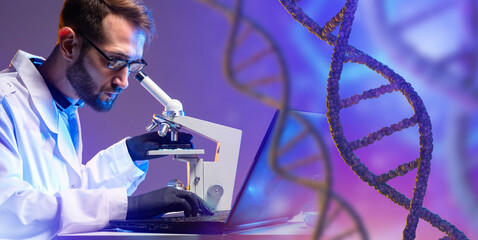 Poster - genetic with a microscope. male geneticist next to dna strand. dna spiral as a symbol of genetic eng
