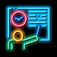 Poster - teacher talking about bird neon light sign vector. glowing bright icon teacher ornithologist near bl