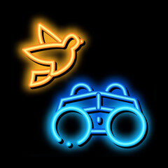 Poster - Binocular For Watching Bird neon light sign vector. Glowing bright icon Equipment For Watch Flying Bird In Nature, Ornithology Tool sign. transparent symbol illustration