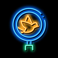 Poster - Bird Ornithology Research neon light sign vector. Glowing bright icon Flying Bird And Magnifier, Search Loupe Equipment sign. transparent symbol illustration