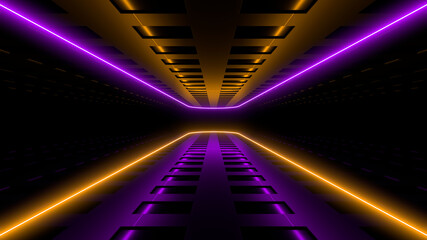 Wall Mural - Sci Fy neon lamps in a dark corridor. Reflections on the floor and walls. 3d rendering image.