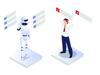 Artificial Intelligence robot vector concept: Confused businessman competing with robot which has idea and solution