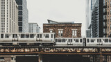 Fototapeta Miasto - Train subway view at Chicago, Vintage Chicago skyline