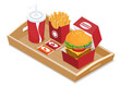 illustration vector isometric food of burger box drink and french fries isolated on wood tray background for flyer ads design.