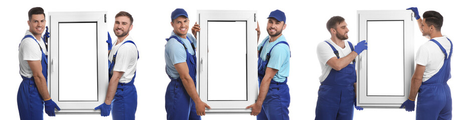 Canvas Print - Workers with plastic window on white background, collage. Installation service