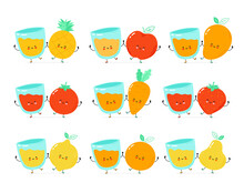 Cute Happy Fruits, Vegetables And Juice Glass. Isolated On White Background.Vector Cartoon Character Hand Drawn Style Illustration. Pear,strawberry,tomato,apple,orange, Mango Cartoon Character Concept