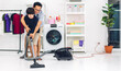 © Art_Photo - Father teaching asian kid little boy son having fun doing household chores cleaning and washing floor wiping dust with vacuum cleaner while cleaning house together at home.Housework concept