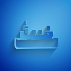 Poster - Paper cut Oil tanker ship icon isolated on blue background. Paper art style. Vector