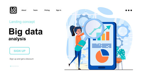 Aufkleber - Big Data analysis web concept. Woman research statistics in mobile app. Business analytics graph. Template of people scene. Vector illustration with character activities in flat design for website