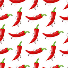 Cute Smiling Cartoon Style Red Chili Pepper Characters And Hearts Vector Seamless Pattern Background.