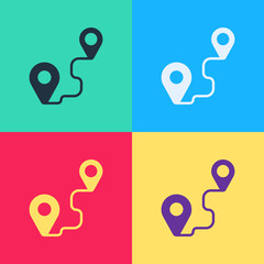 Pop art Route location icon isolated on color background. Map pointer sign. Concept of path or road. GPS navigator. Vector