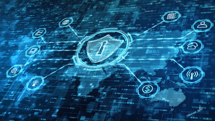 Poster - Shield Icon of Cyber Security. Digital data Network Protection. Network Connection Data Analysis. Technology Digital Data Future Background. 3d rendering