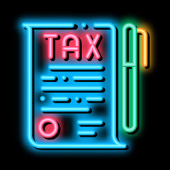 Poster - Tax Document Pen neon light sign vector. Glowing bright icon Tax Document Pen sign. transparent symbol illustration