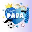 El mejor Papa - Best Dad in the world Spanish lettering banner with blue paper heart elements, tie, mustache and crown. Spain Fathers day vector greeting illustration - text, crown, necktie, moustache