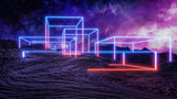 Fototapeta Do przedpokoju - Sci fi virtual reality landscape cyberpunk style 3d render, Fantasy universe and space cloud background