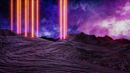 Sci fi virtual reality landscape cyberpunk style 3d render, Fantasy universe and space cloud background