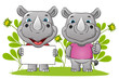The couple of rhino is holding the blank banner and giving the thumb up in the garden
