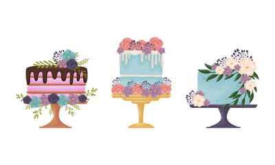 Sticker - Creamy Tier Cake Decorated with Flowers and Twigs Standing on Pedestal Cake Plate Vector Set