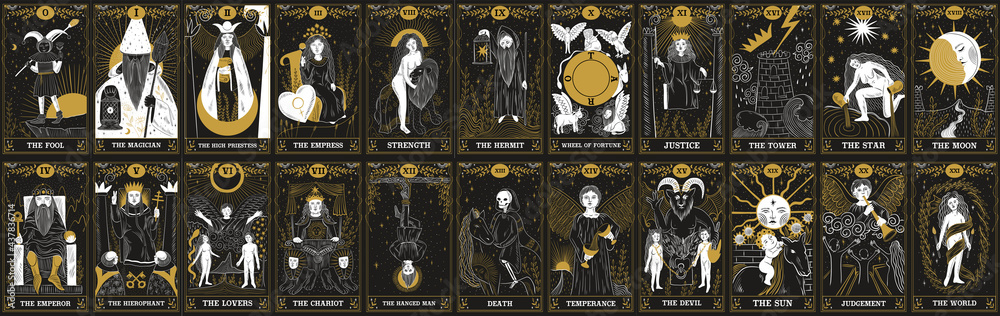 vintage vintage style deck of tarot cards. magical predictions of the future, mysterious characters. - obrazy, fototapety, plakaty 