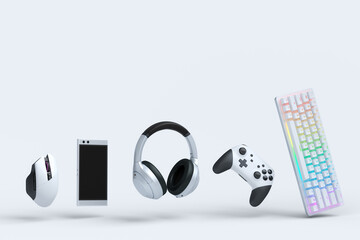 Poster - Flying gamer gears like mouse, keyboard, joystick, headset, VR