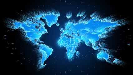 Poster - Vector. Map of the planet Earth with borders of countries on a dark background. Glowing continental contours with Glitch effect. Global communication networks. Technology and the Internet.