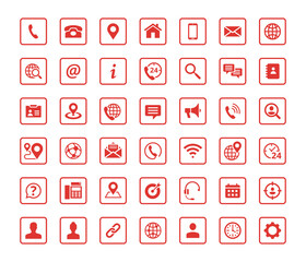 Fototapete - Set of 42 solid contact icons in square shape. Red vector symbols.
