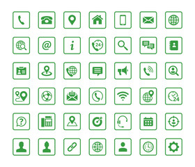 Fototapete - Set of 42 solid contact icons in square shape. Green vector symbols.