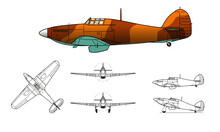Hawker Hurricane WWII Fighter Aircraft. Vector Illustration In Black And White Line Drawing. Color Side Profile.
