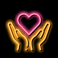Poster - Hands Hold Heart neon light sign vector. Glowing bright icon Hands Hold Heart sign. transparent symbol illustration