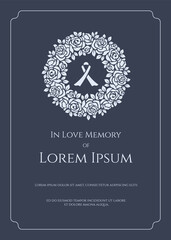 Sticker - Funeral card banner - white ribbon sign in circle white rose wreath and text on dark blue background vector design