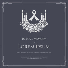Wall Mural - Funeral card banner - white ribbon sign and candle light on bouquet of white rose and text vector design