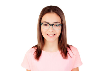 Wall Mural - Portrait of funny smiling little girl child wearing glasses