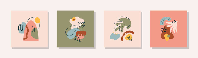 Poster -  Collection of contemporary artistic posters with tropical organic shapes and lines. Modern abstract design print, banner template, social media, invitation. Vector illustration
