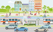 Öffentlicher Verkehr mit Linienbus, Radfahrern und Fußgänger  illustration