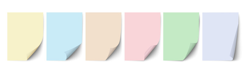 Poster - empty paper sheets, pastel colors sheets of paper with different curled corners and shadow