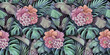 Tropical exotic seamless pattern. Bouquets of flowers, hibiscus, cactus, monstera, banana leaves, palm. Hand-drawn pastel vintage 3D illustration. Good for luxury wallpapers, cloth, fabric printing