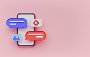 Poster - smartphone, chat, video and image icon. minimal online communication app. 3d rendering