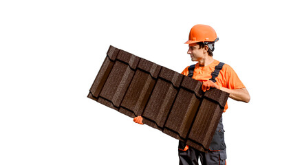 Wall Mural - worker man in uniform and safety helmet holding a piece of metal tile roofing sheet