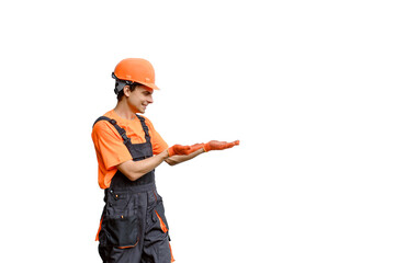 Wall Mural - Young happy man builder construction worker with hands in different position on white background